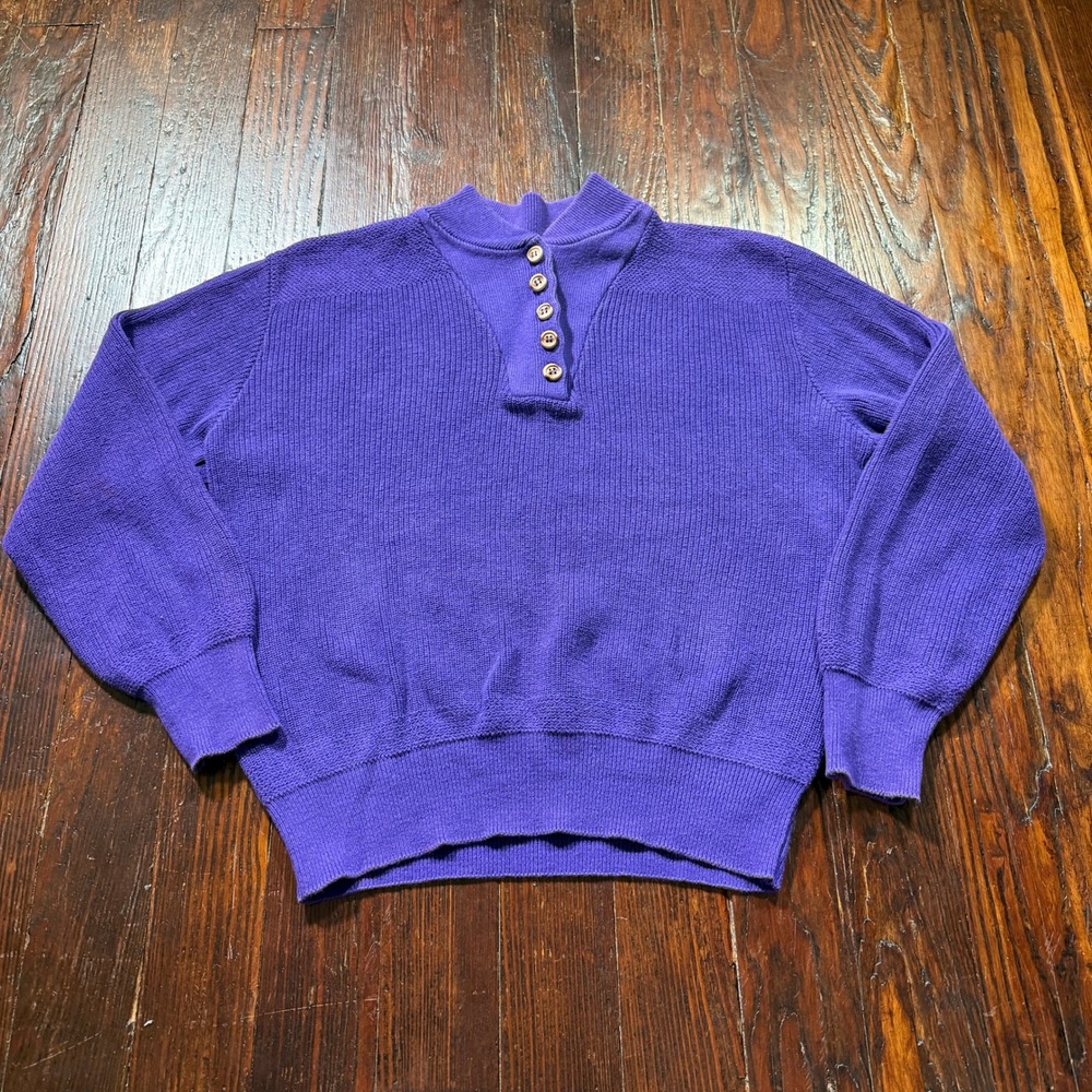 Vintage 80s Northern Isles Henley Sweater Womens L Purple Cotton Ribbed USA Made